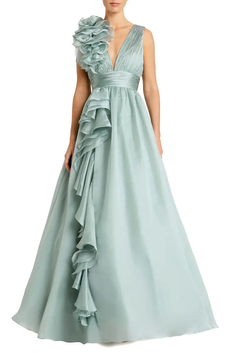 Chic Ruffle Shoulder V-Neck Chiffon Ballgown Ruched Prom Dresses