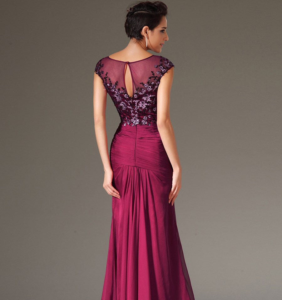 Elegant Bateau Neck Beading Applique Sheath Chiffon Prom Dress With Split