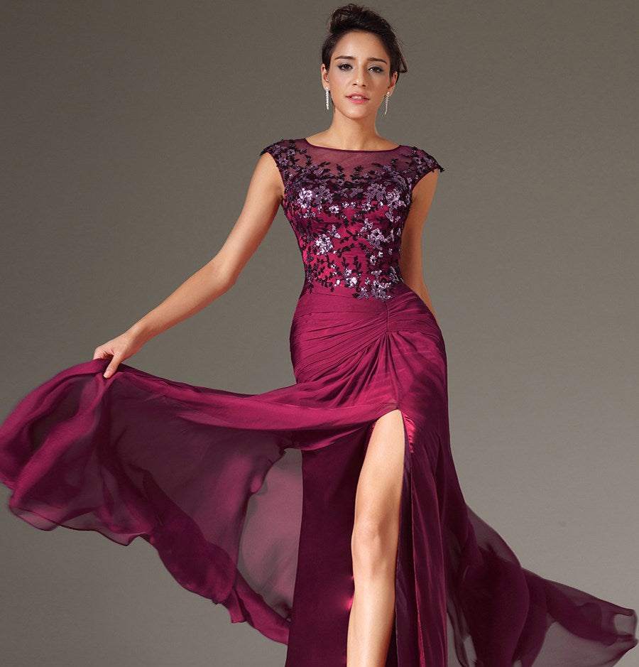 Elegant Bateau Neck Beading Applique Sheath Chiffon Prom Dress With Split
