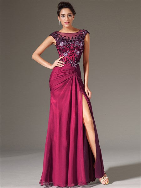 Elegant Bateau Neck Beading Applique Sheath Chiffon Prom Dress With Split