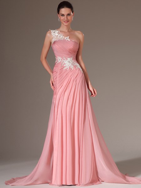 Pink One Shoulder Applique Pleated Chiffon Prom Dress With Train