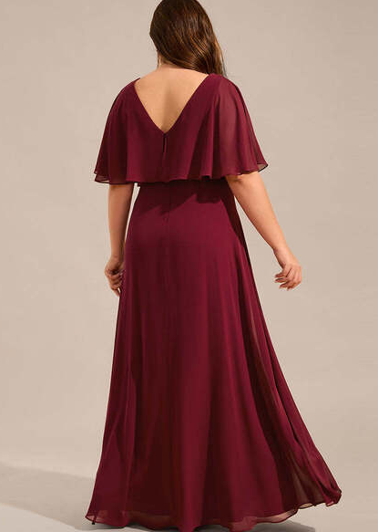 Elegant Burgundy Plus Size Elegant Shawl Bat-Wing Sleeve Chiffon Evening Dresses With Applique Decoration