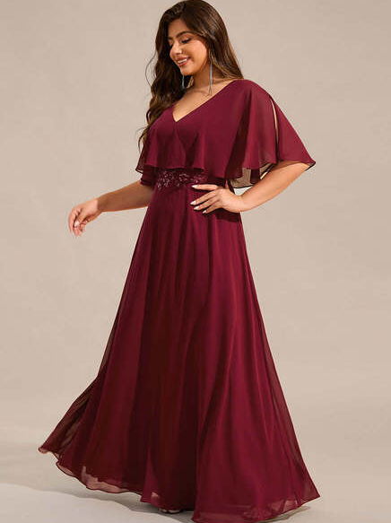 Elegant Burgundy Plus Size Elegant Shawl Bat-Wing Sleeve Chiffon Evening Dresses With Applique Decoration