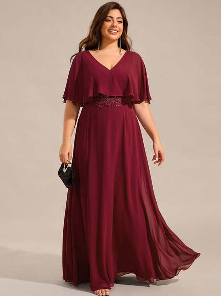 Elegant Burgundy Plus Size Elegant Shawl Bat-Wing Sleeve Chiffon Evening Dresses With Applique Decoration
