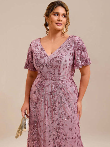 Elegant Purple Orchid Strapless Deep V-Neck Fishtail Paillette Midi Evening Dresses