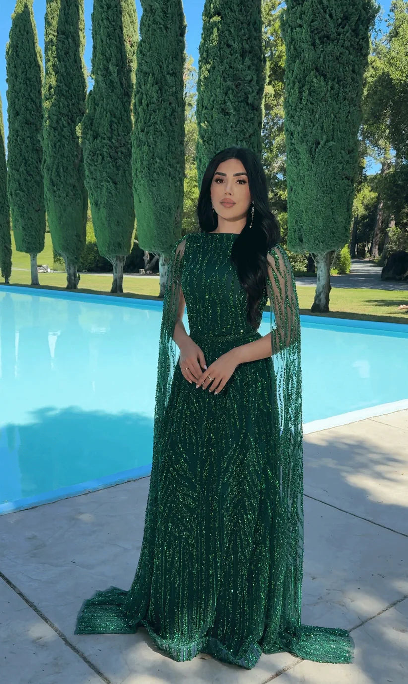 Modest A-Line Embellished Cape Sleeve Floor-Length Dress Prom Dresses