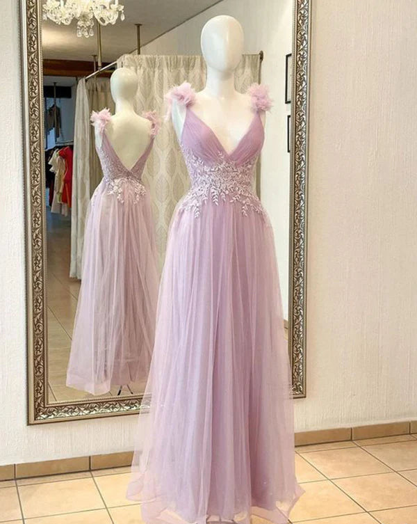 Elegant V-neck Sleeveless A-line Appliques Long Prom Dress