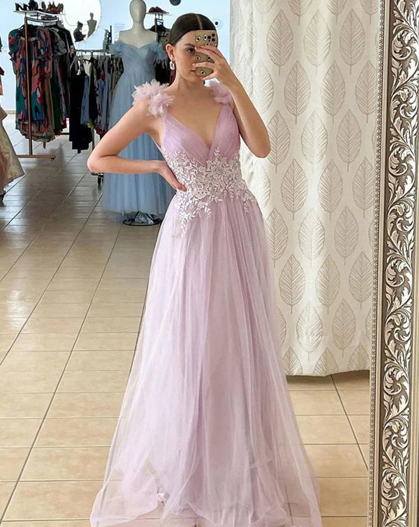 Elegant V-neck Sleeveless A-line Appliques Long Prom Dress