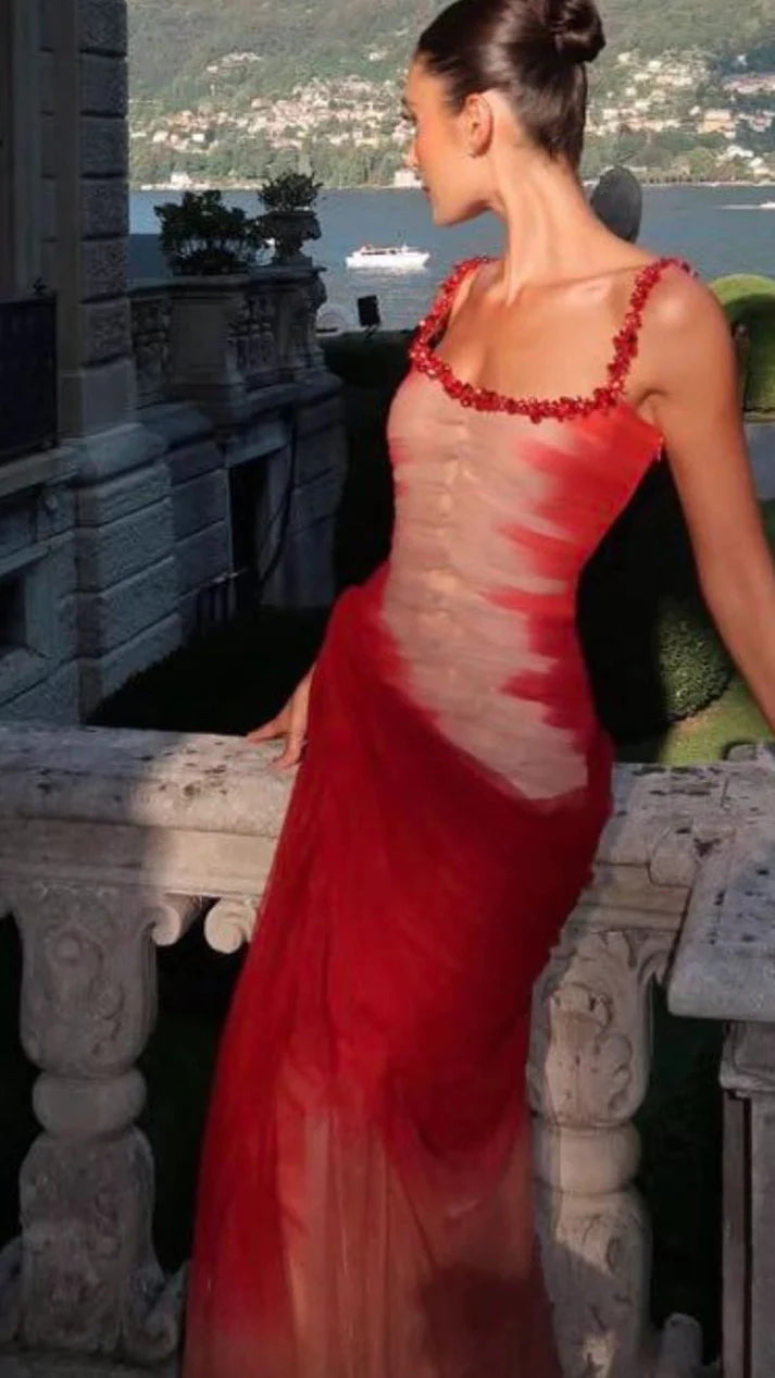 Glitter Classy Mermaid Square Neck Ombre Red White Multi Color Beaded Long Prom Dresses