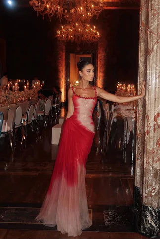 Glitter Classy Mermaid Square Neck Ombre Red White Multi Color Beaded Long Prom Dresses