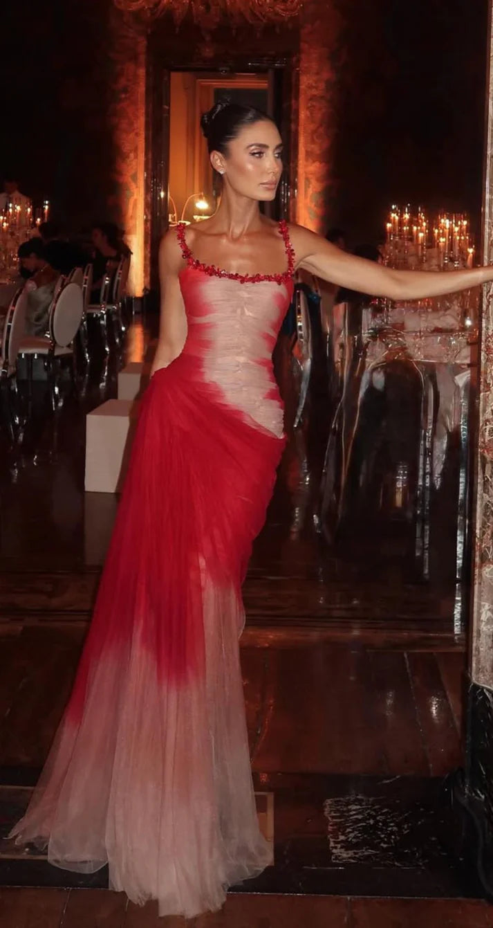 Glitter Classy Mermaid Square Neck Ombre Red White Multi Color Beaded Long Prom Dresses