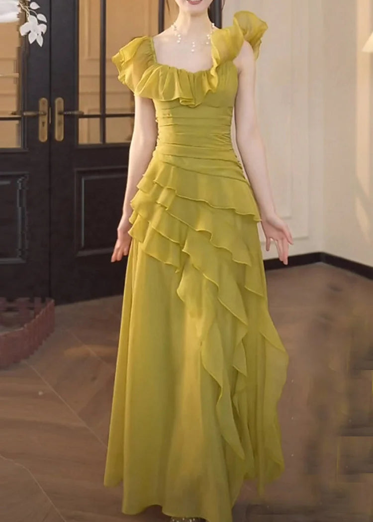 Chic Green Square Collar Ruffled Patchwork Ruched Chiffon Dress Summer