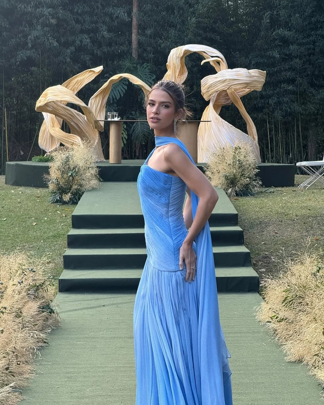 Charming Blue One Shoulder Pleated Sleeveless Prom Dress with Scarf