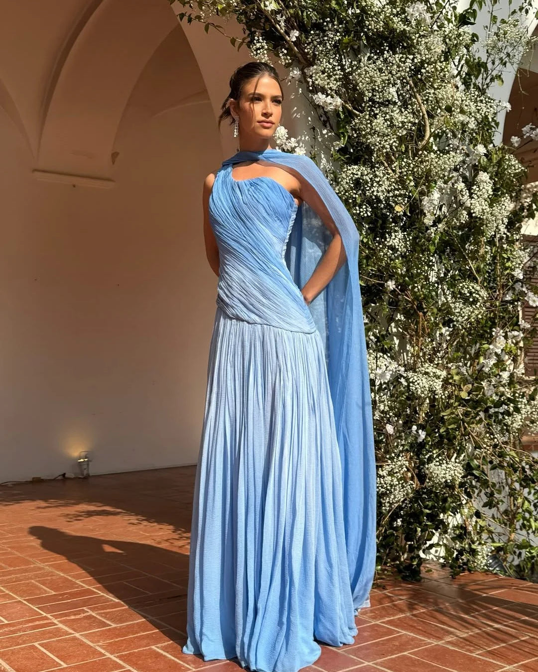 Charming Blue One Shoulder Pleated Sleeveless Prom Dress with Scarf