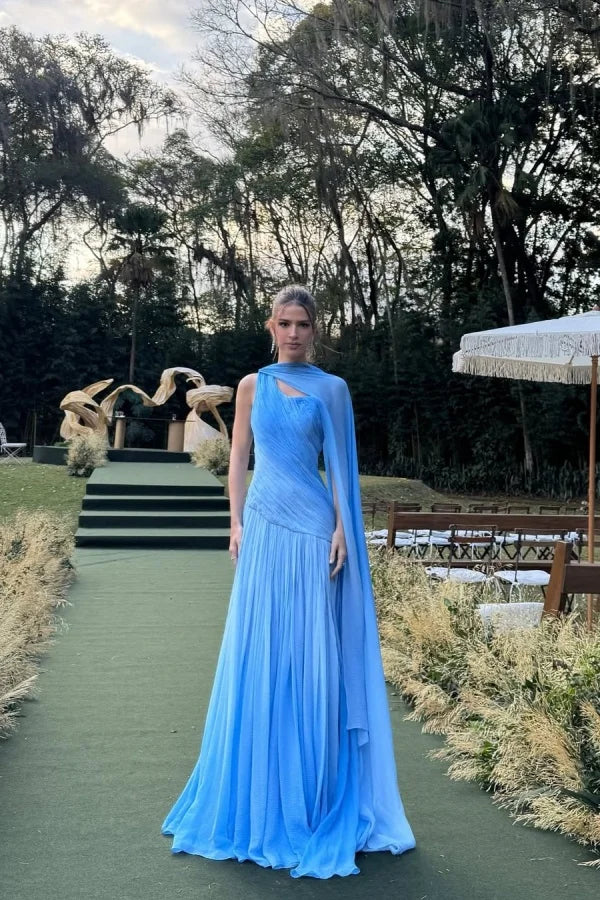 Charming Blue One Shoulder Pleated Sleeveless Prom Dress with Scarf