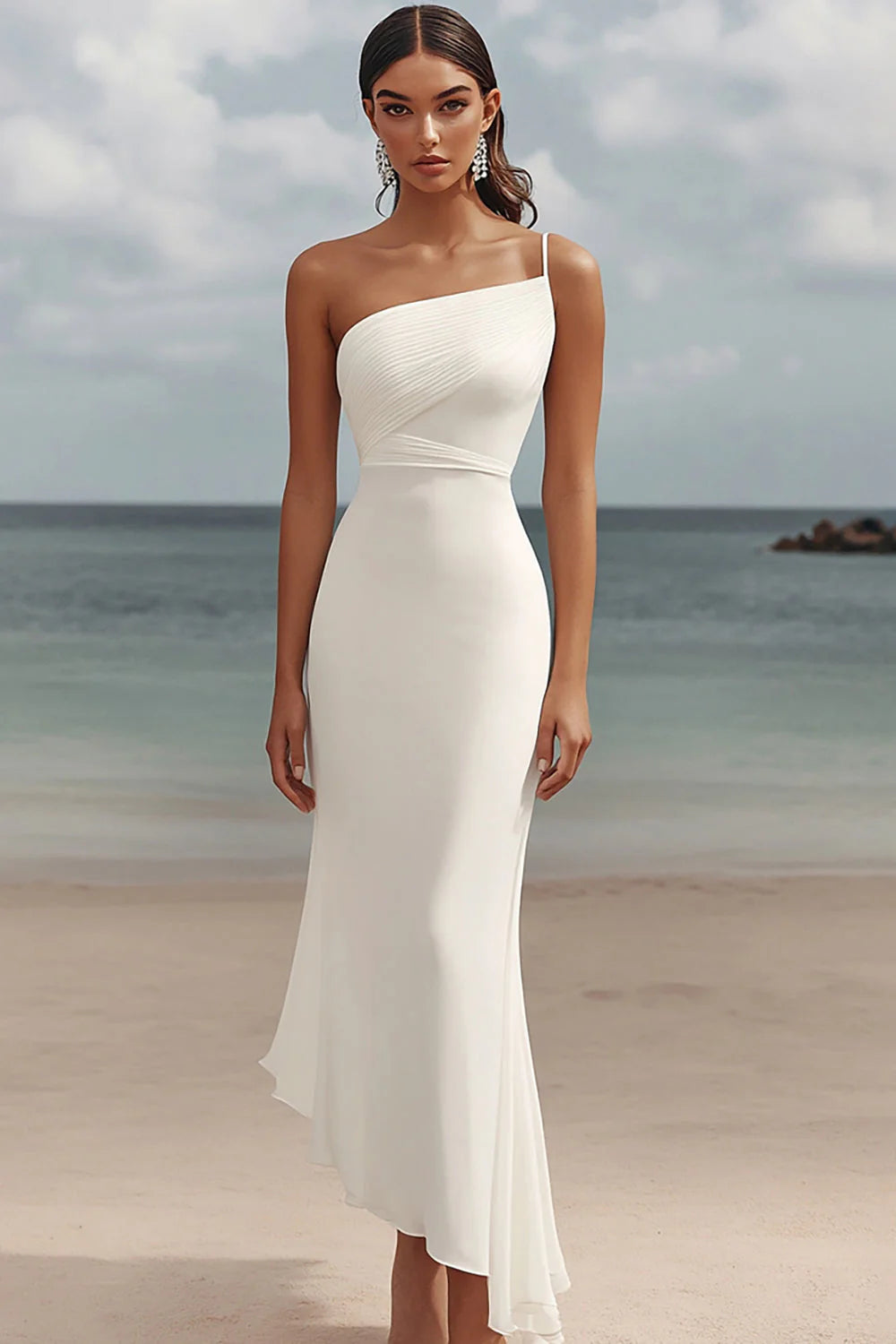 Modern White Chiffon Sheath Bodycon Long Rehearsal Dinner Dress