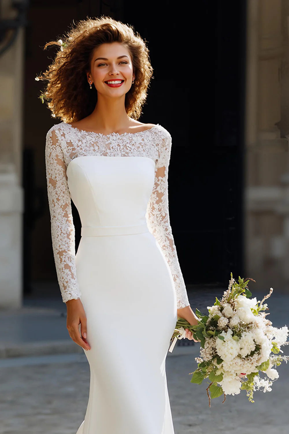 Classic White Chiffon Sweep Train Mermaid Wedding Dress with Sleeves