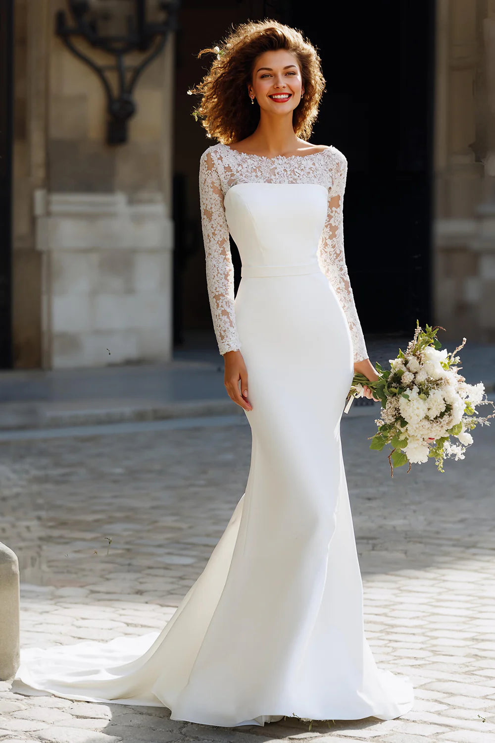 Classic White Chiffon Sweep Train Mermaid Wedding Dress with Sleeves