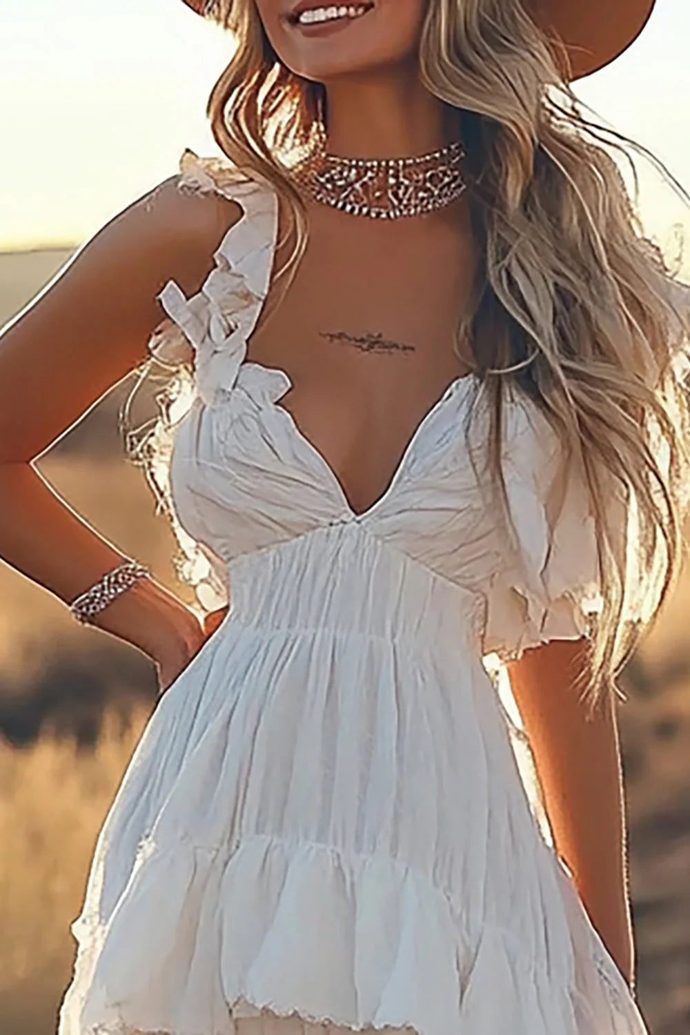 Chic Ivory A Line Ruffled V-Neck High-Low Tiered Western Wedding Dress