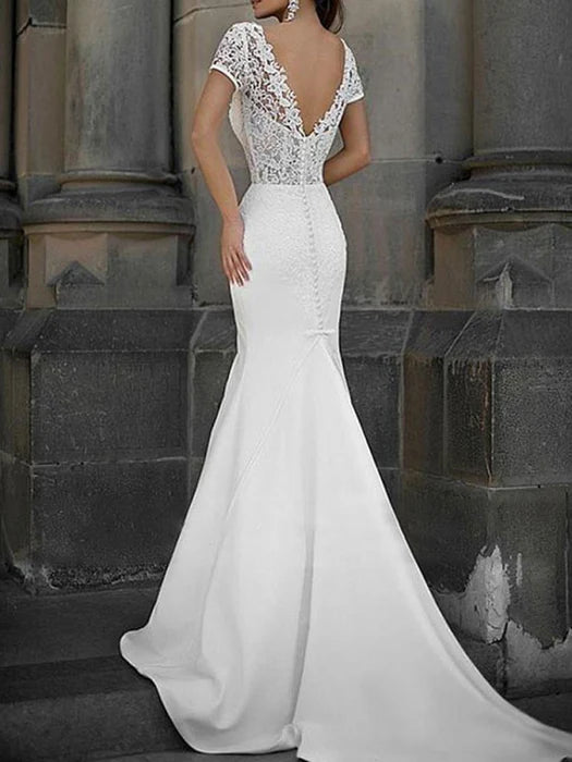 Simple Wedding Dress Mermaid Lace V Neck Short Sleeves Beaded Sash Bridal Dresses With Train
