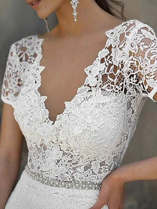 Simple Wedding Dress Mermaid Lace V Neck Short Sleeves Beaded Sash Bridal Dresses With Train
