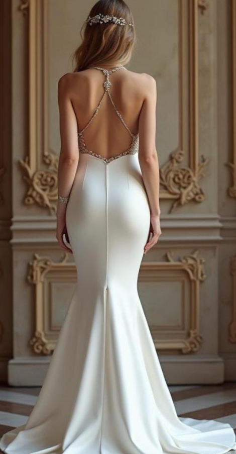 Ivory Satin Mermaid Wedding Dress – Halter Neck Backless Bridal Gown with Beaded Waist Elegant Fitted Train Dress