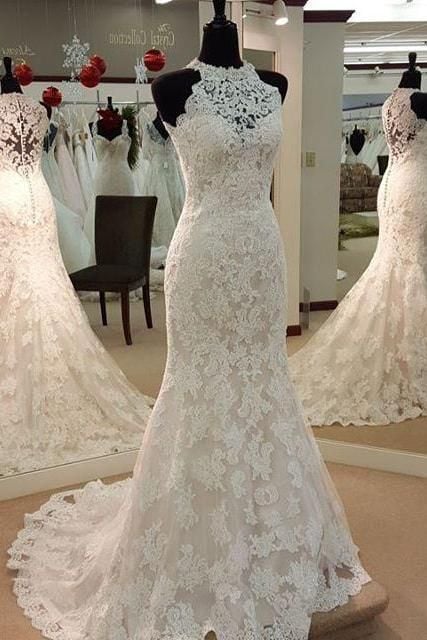 Elegant Strapless Lace Mermaid Wedding Dress Halter Neckline
