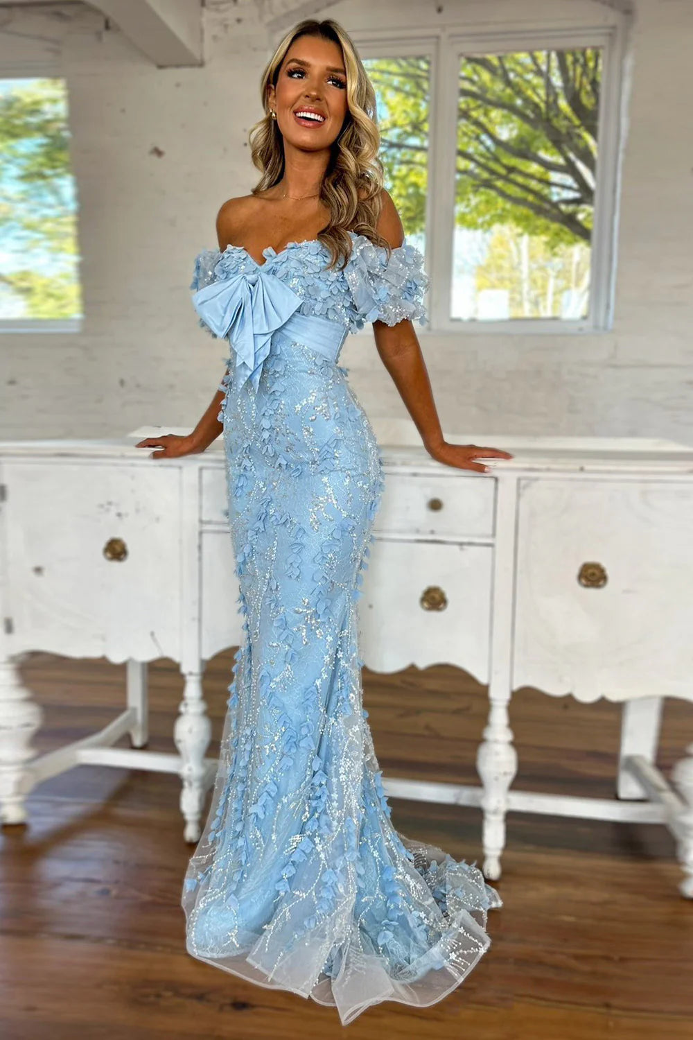 Lovely Light Blue Mermaid Off The Shoulder Long Glitter Prom Party Dress