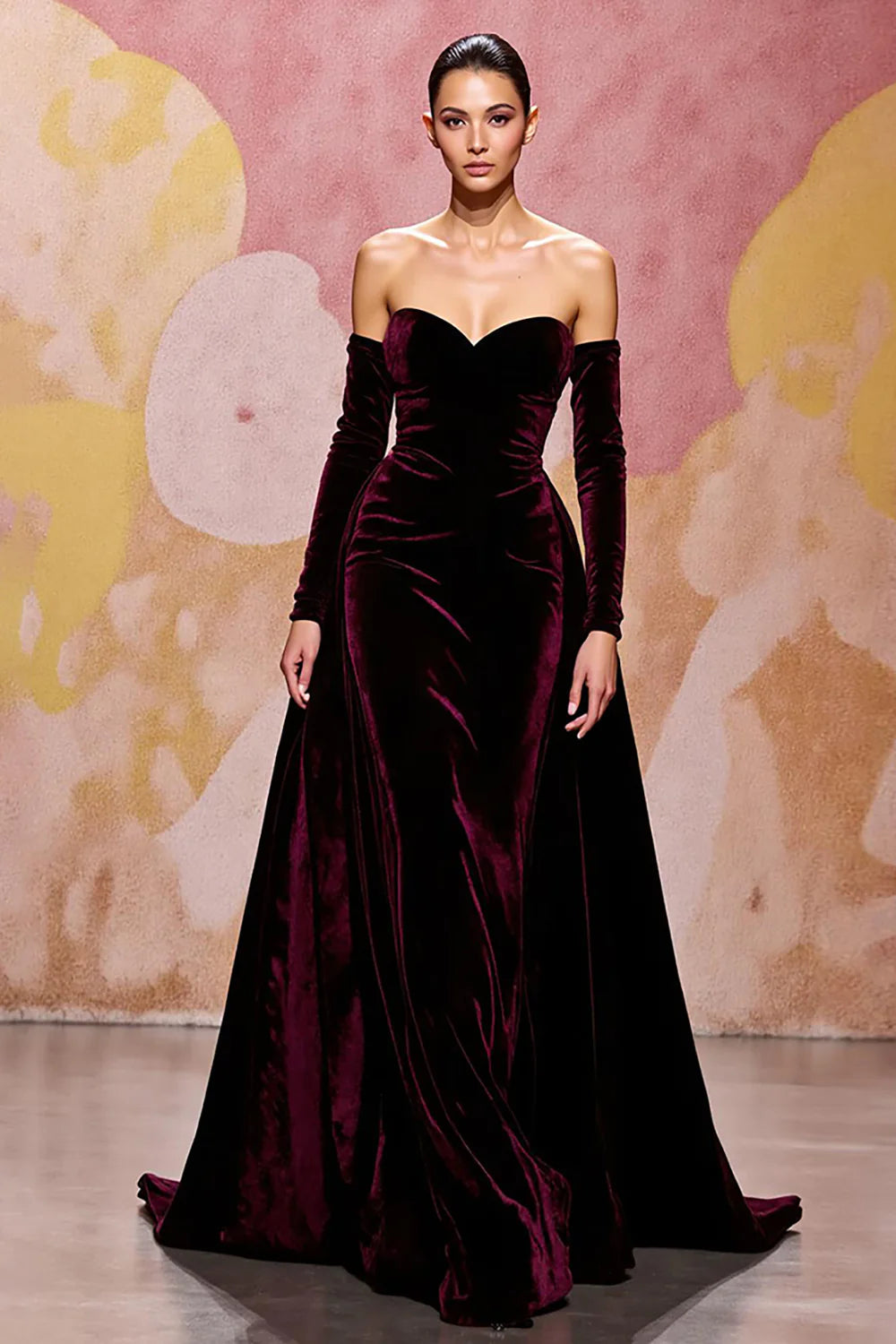 Dark Red Velvet A Line Long Off the Shoulder Evening Dress