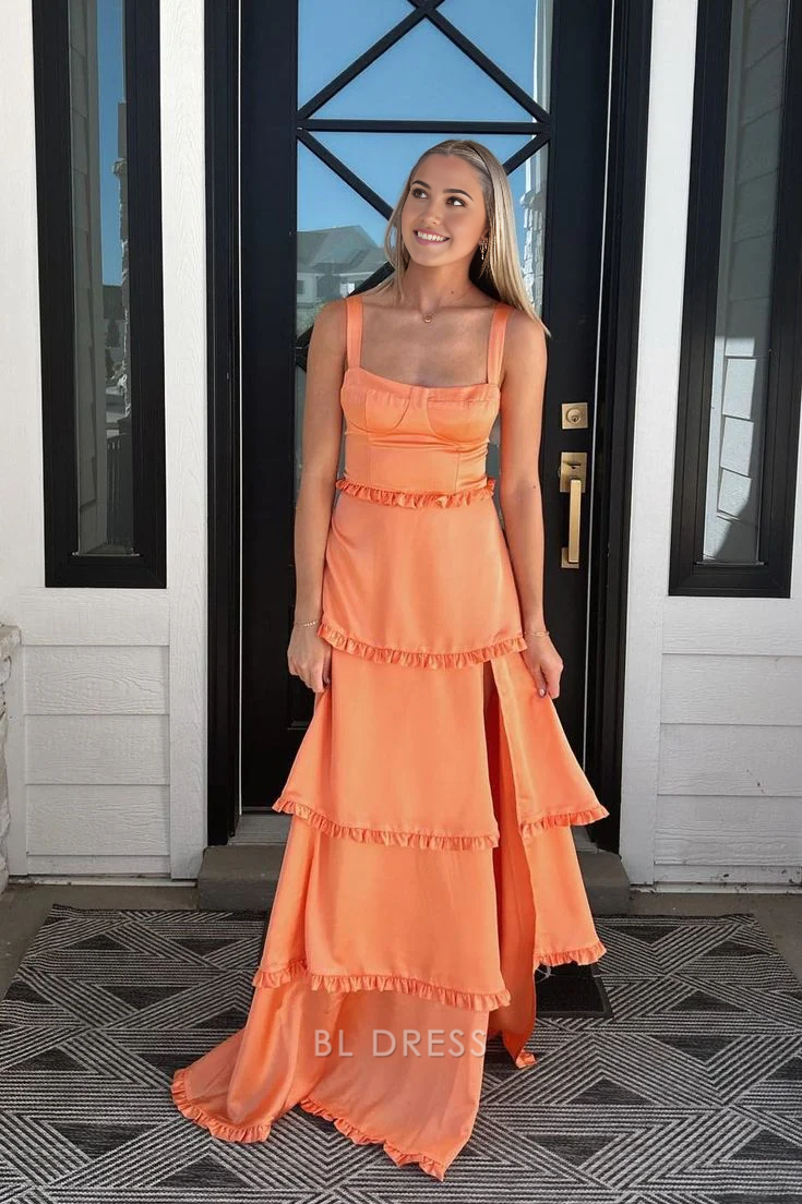 A Line Sweetheart Corset Tiered Orange Long formal dresses Bridesmaid Dresses evening gown Prom Dress