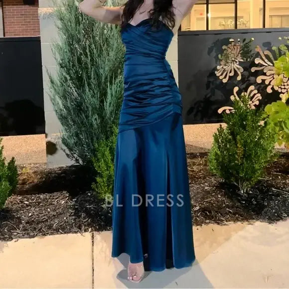Mermaid Strapless Satin Pleated formal dresses Bridesmaid Dresses evening gown Prom Dress