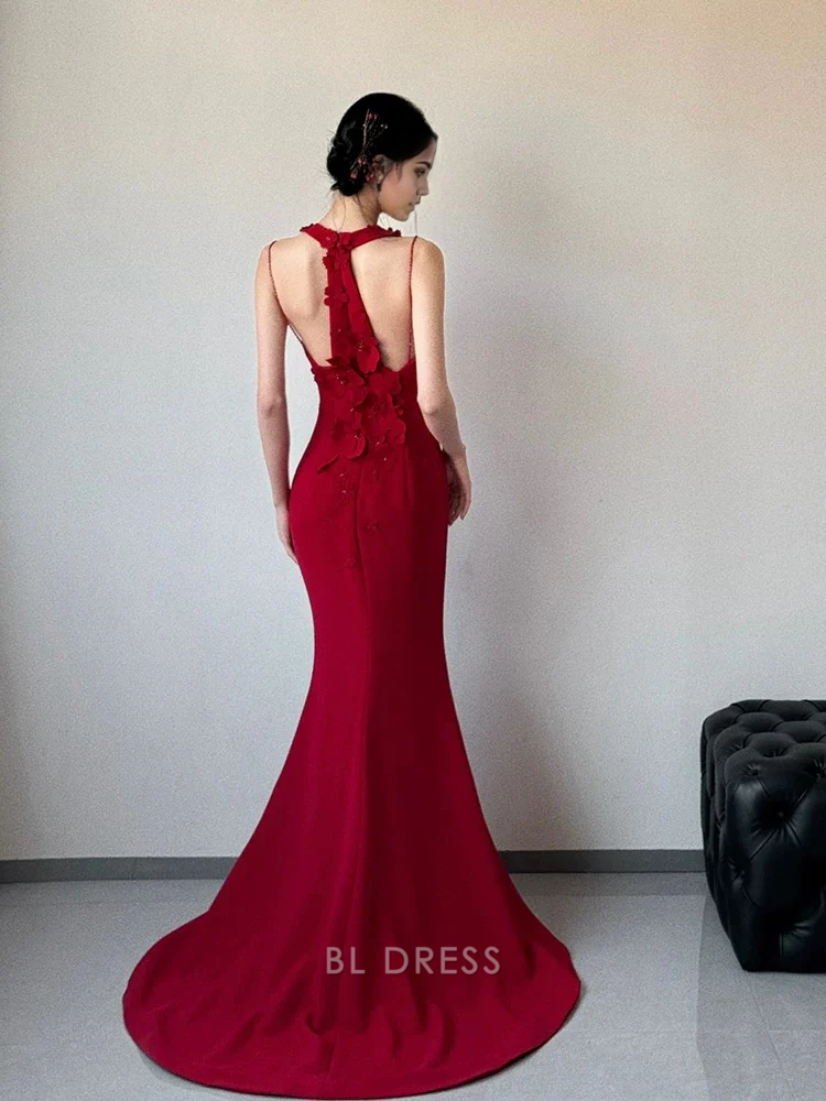 Mermaid Elegant 3d Flowers Red formal dresses Bridesmaid Dresses evening gown Prom Dress