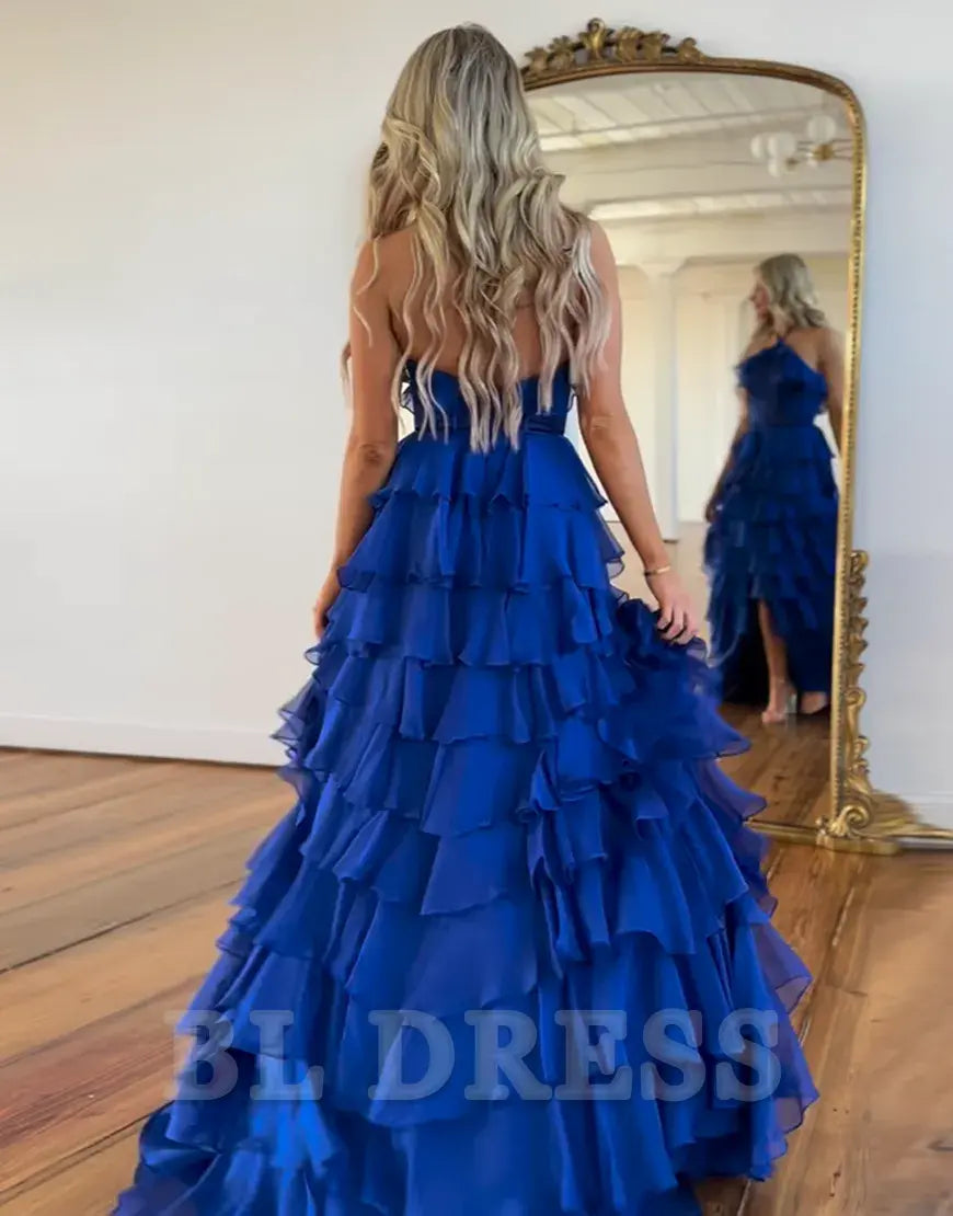 A-Line Halter Corset Tiered Long Royal Blue formal dresses evening gown Prom Dress with Slit