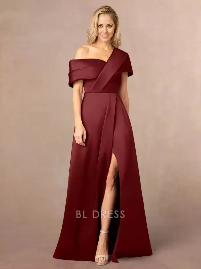 A-Line One-Shoulder Short Sleeves Split Front Floor-Length Wedding Guest Dresses Mother Of The Bride