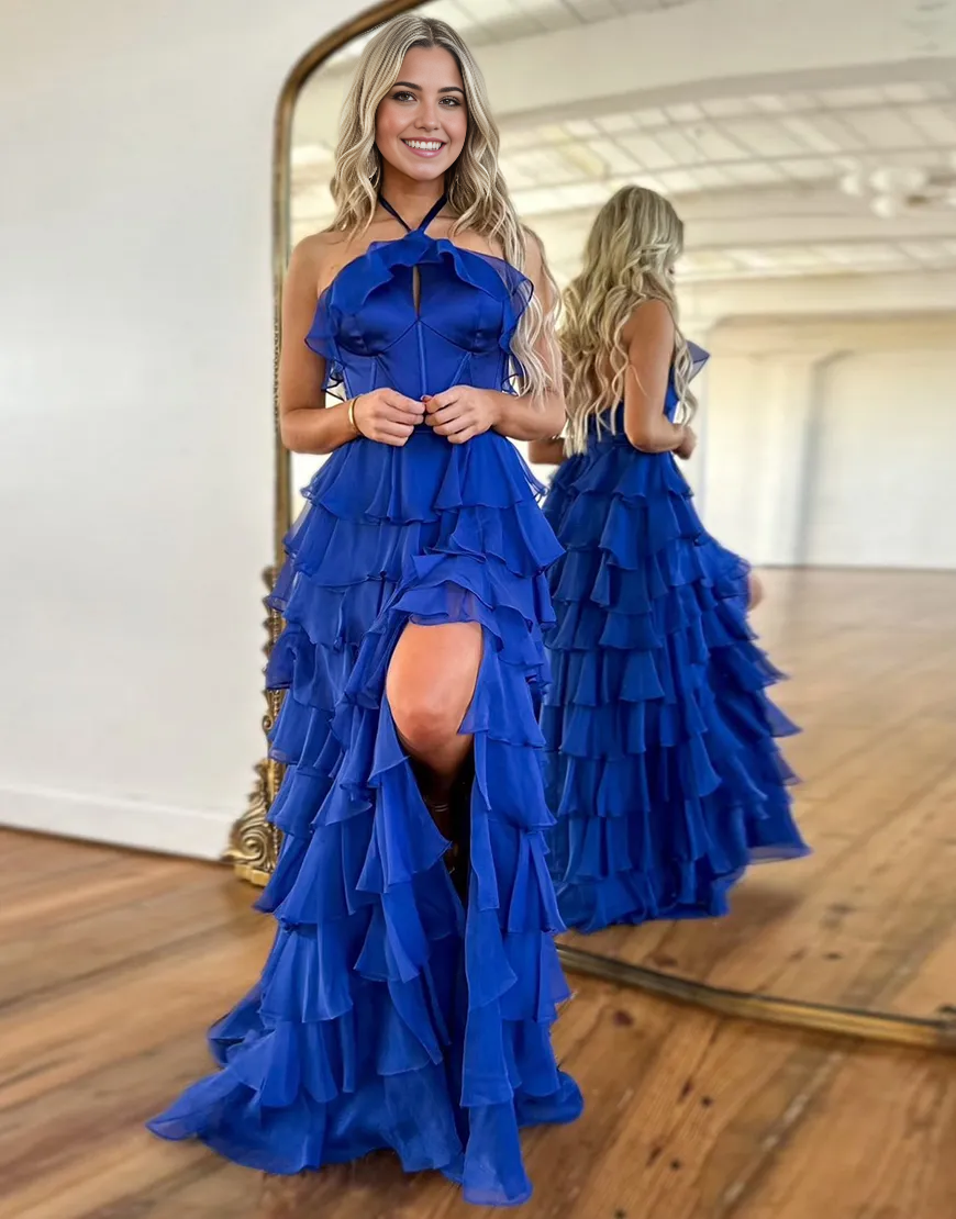 A-Line Halter Corset Tiered Long Royal Blue formal dresses evening gown Prom Dress with Slit