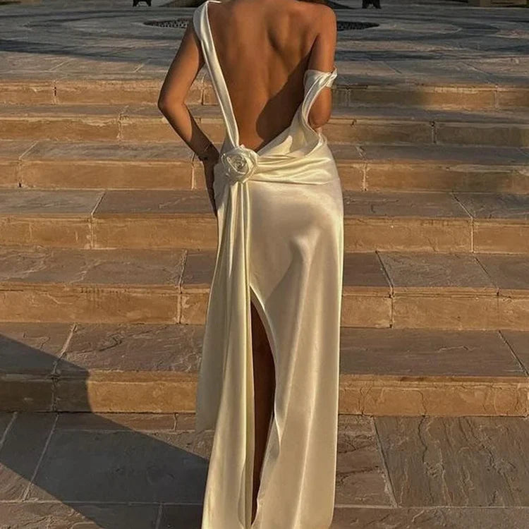 Elegant Rose Thigh High Split  Satin Backless Sexy Maxi Dress Prom Dresses