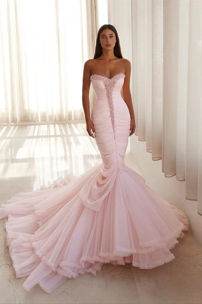 Charming Pink Sweetheart Strapless Tulle Prom Dress Sleeveless Mermaid With Pearl Pleats