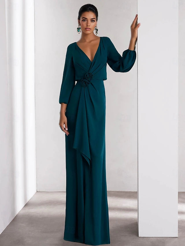 Elegant A-Line Evening Gown Elegant Dress Formal Wedding Guest Floor Length Long Sleeve V Neck Stretch Crepe with Ruffles