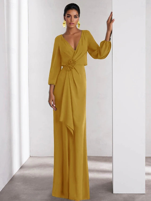 Elegant A-Line Evening Gown Elegant Dress Formal Wedding Guest Floor Length Long Sleeve V Neck Stretch Crepe with Ruffles