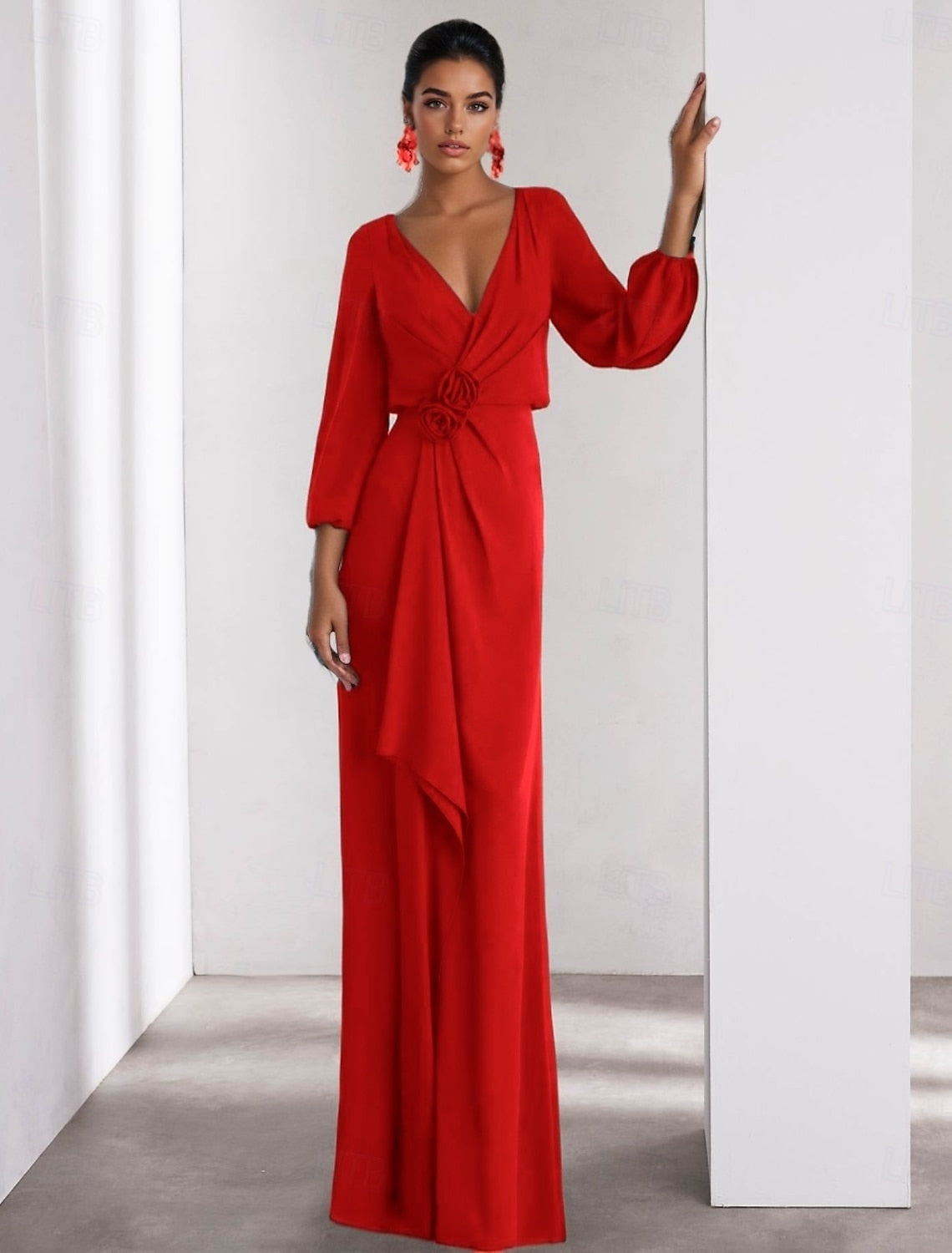 Elegant A-Line Evening Gown Elegant Dress Formal Wedding Guest Floor Length Long Sleeve V Neck Stretch Crepe with Ruffles
