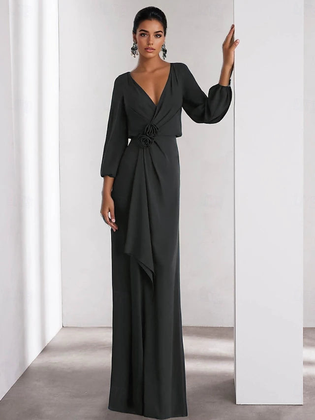 Elegant A-Line Evening Gown Elegant Dress Formal Wedding Guest Floor Length Long Sleeve V Neck Stretch Crepe with Ruffles