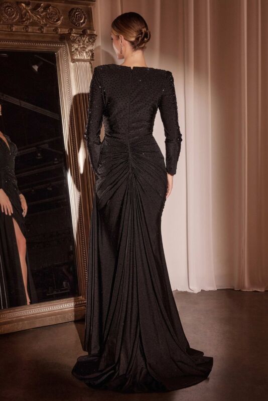 Elegant Sparkle Long Sleeve Split Ruched  Prom Dress