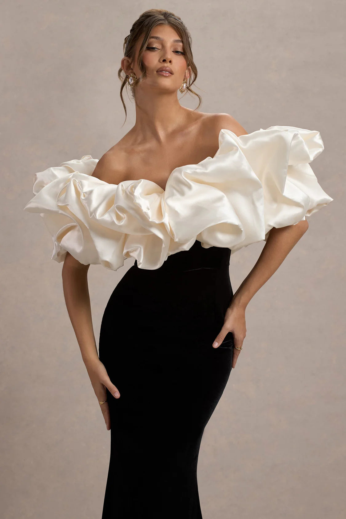 Chic Black Velvet With Satin Ruffle Trim Maxi Dress