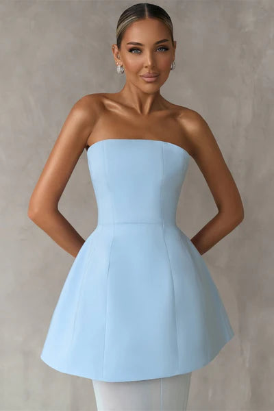 Gorgeous Ice Blue Strapless Satin Prom Dresses Sleeveless Long Lace-Up Back With Pleats
