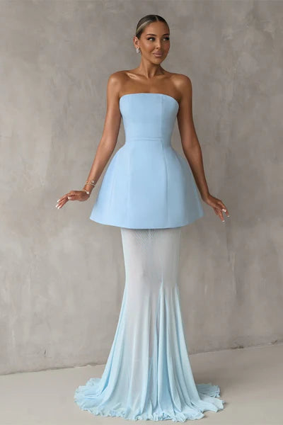 Gorgeous Ice Blue Strapless Satin Prom Dresses Sleeveless Long Lace-Up Back With Pleats