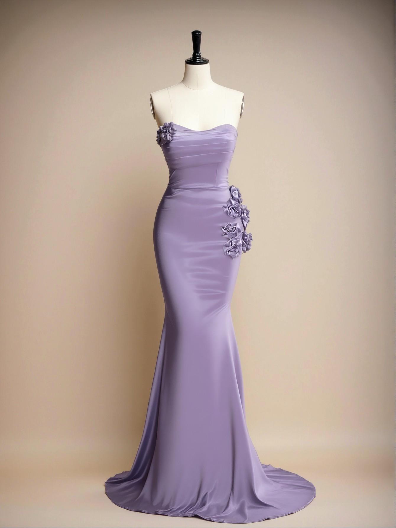 Elegant Lavender Mermaid Hem Strapless Dress with Handmade Floral Design for Evening Events and Celebrations