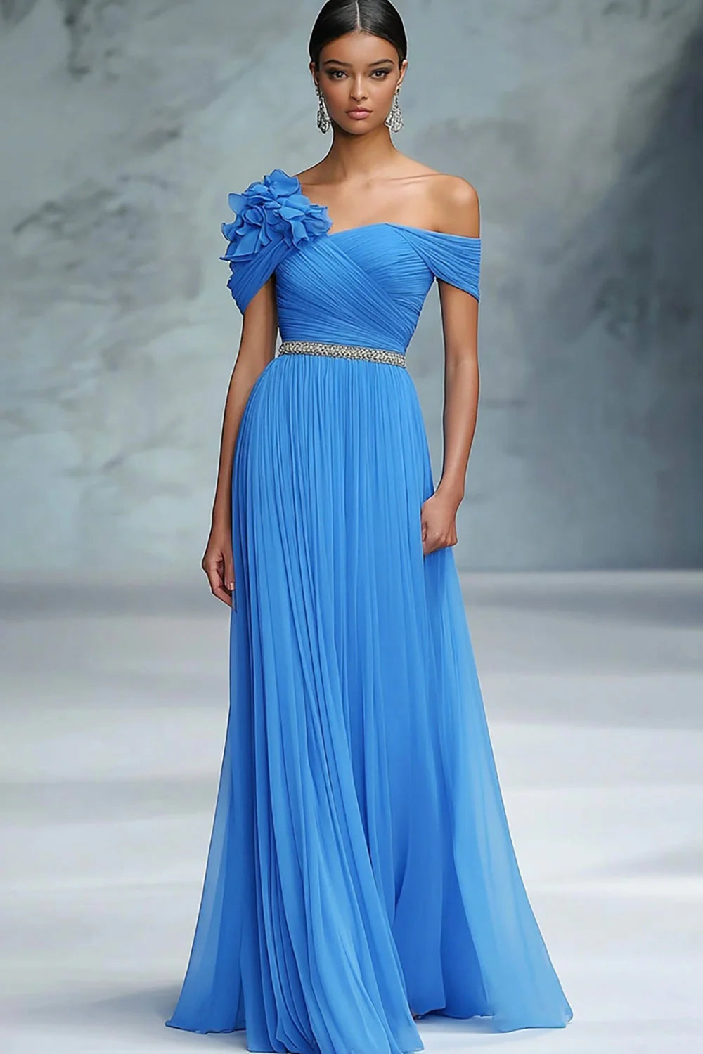 Elegant Blue A Line Off The Shoulder Ruched Long Gala Ball Dress