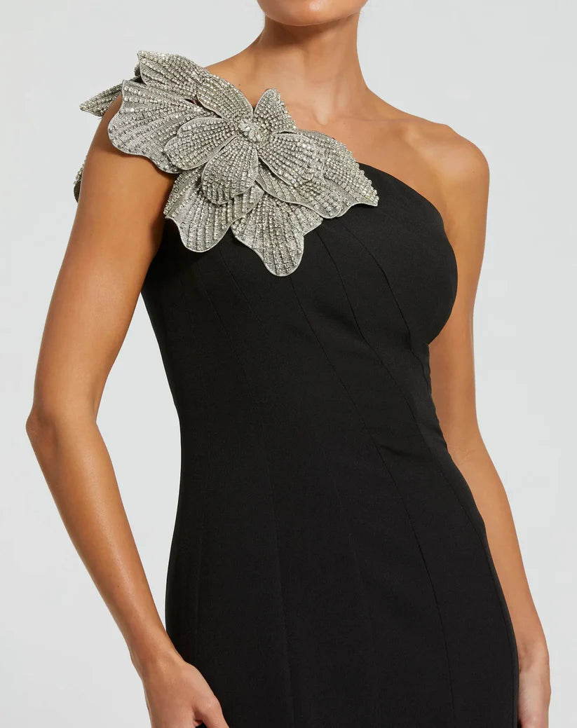 Chic Black Crepe One Shoulder Gown With Crystal Flower