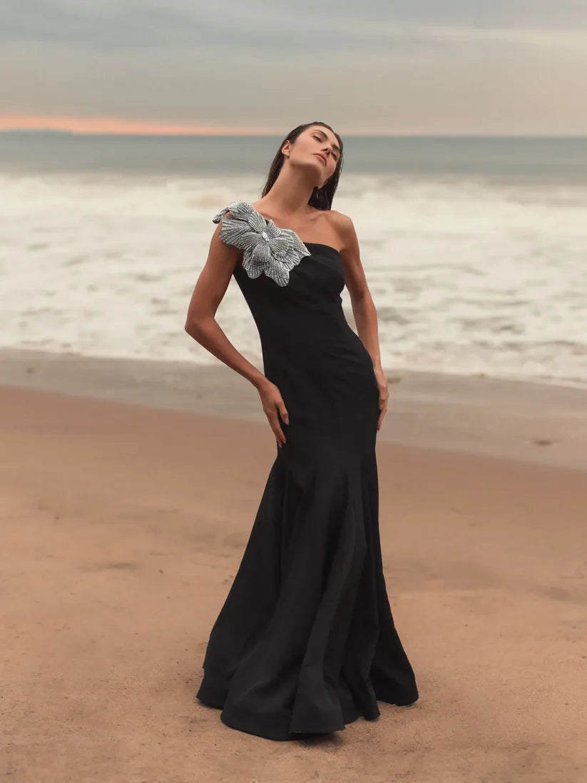 Chic Black Crepe One Shoulder Gown With Crystal Flower