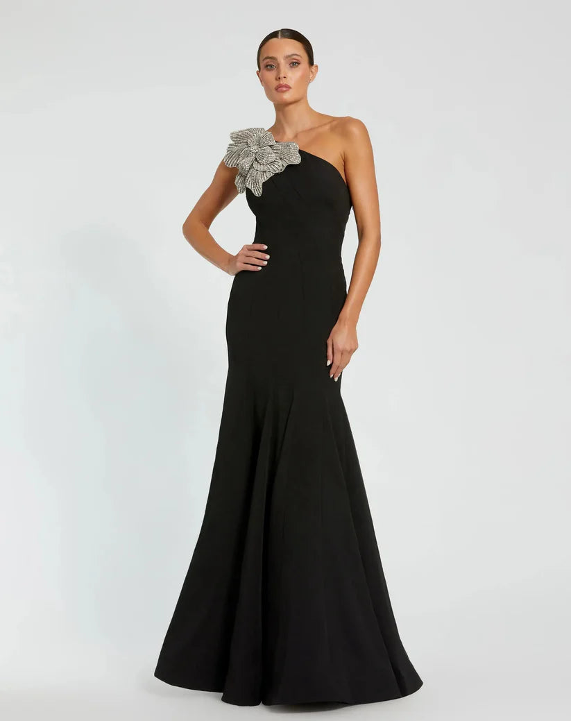 Chic Black Crepe One Shoulder Gown With Crystal Flower